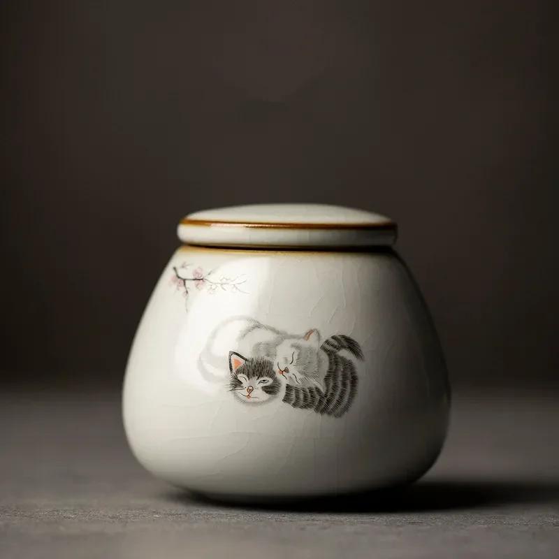 Ретро-керамическая чайная кабина Ru Kiln с милым рисунком кошки, переносная герметичная упаковка для чайных листьев, дорожная коробка для хранения чайных пакетиков, органайзер для специй