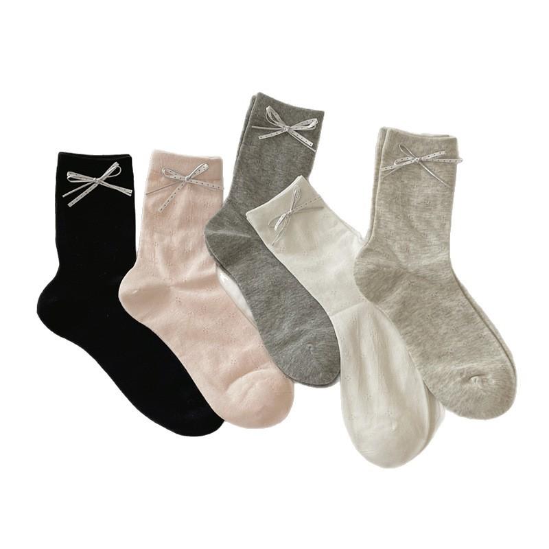 Female Spring and Summer Thin Pure Color Dark Grain Love Bow Ballet Wind Cylinder Stack Socks