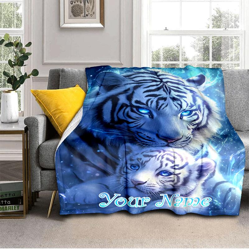 1PC Custom Name "White Tiger Majesty" flannel blanket versatile, all-season throw suitable for the living room, bedroom, camping, travel, and gift