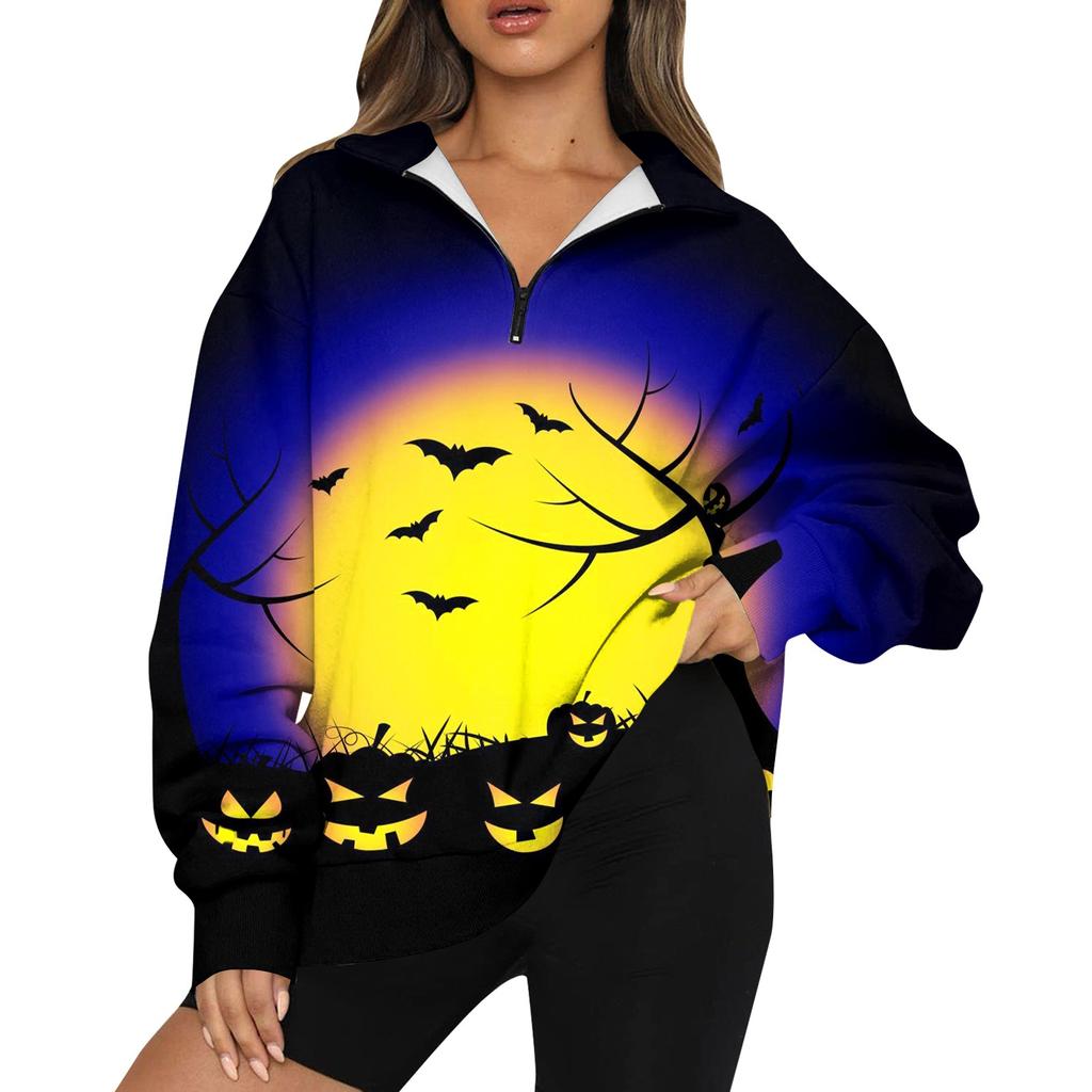 Women's Fashion Casual Long Sleeve Halloween Printed Zipper Turtleneck Drop Shoulder Sweatshirt Top