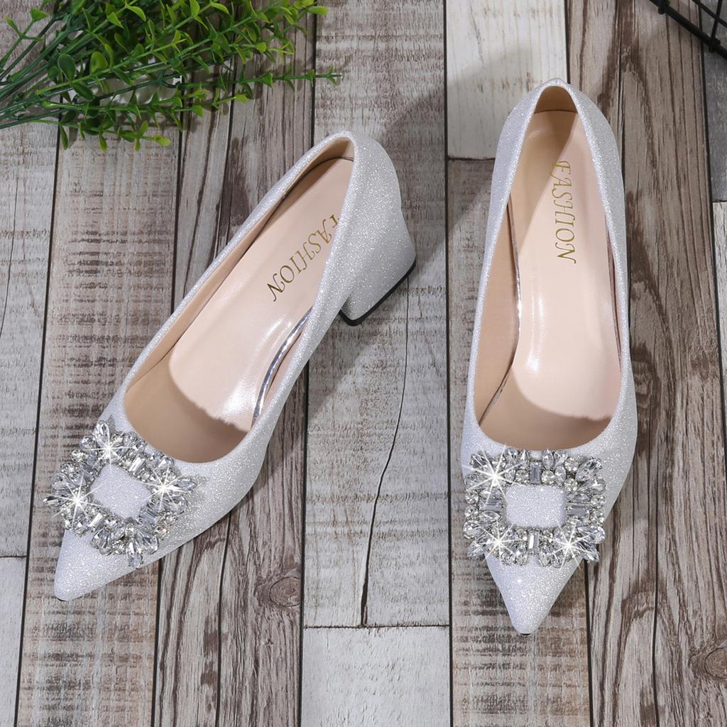 Модные французские туфли-лодочки с острым носком, на толстом каблуке, с кристаллами, пайетками и стразами, 2025 Новые весенне-осенние универсальные банкетные туфли