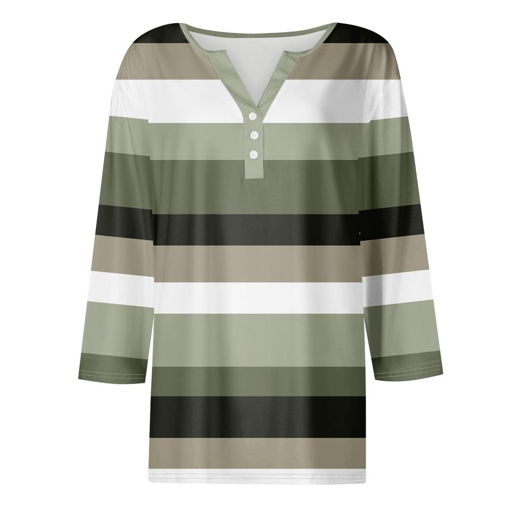 Жен. Футболка Футболка С принтом Пуговицы Рукав 3/4 Повседневные Выходные Мода Классический V-образный вырез Обычный Топ