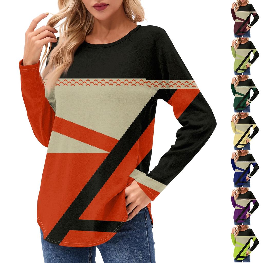 Женские рубашки с длинным рукавом, повседневная мода, туника с геометрическим принтом, топы с круглым вырезом, базовая свободная футболка
