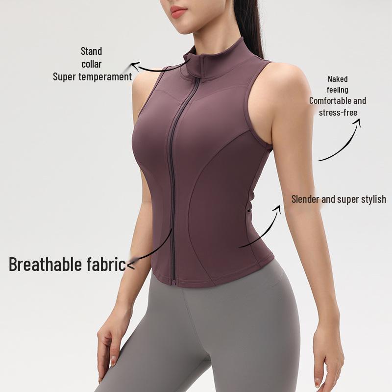 Топ для йоги телесного цвета на молнии, амортизирующий, для женщин - Приталенный, без рукавов, со стойкой воротником, для летних видов спорта на открытом воздухе.