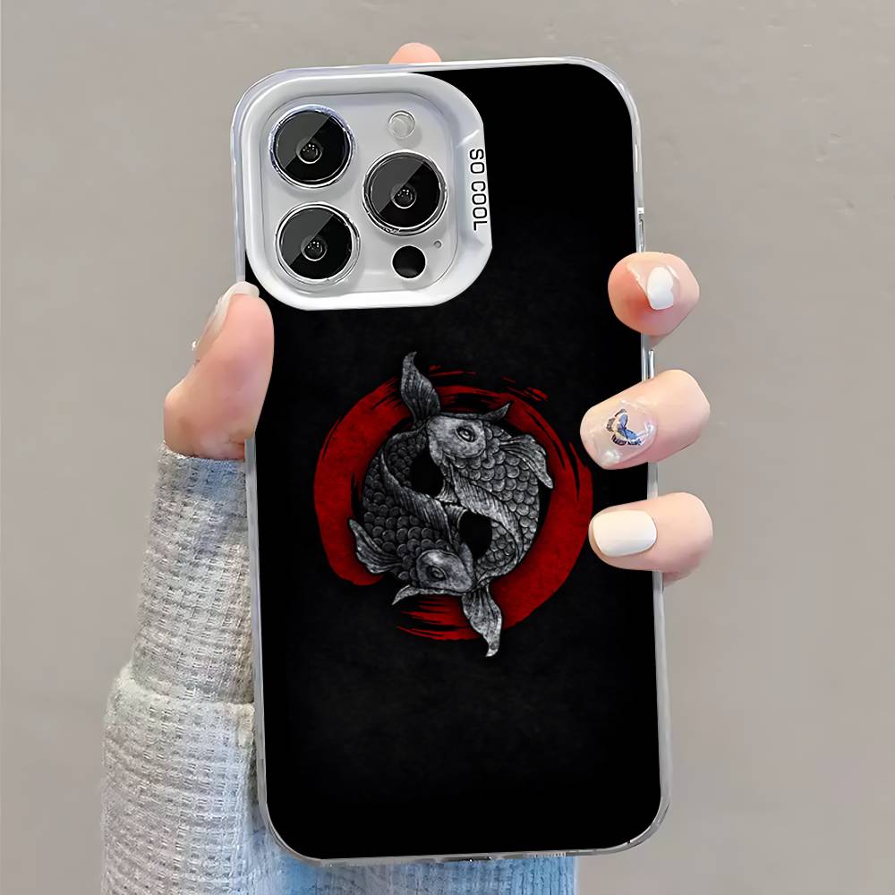Koi Carp Fish Yin Yang Art Phone Case For iPhone 16,15,14,13,12,11,Pro,XS,Max,Plus,Mini,SE White Candy Matte Shockproof Cover