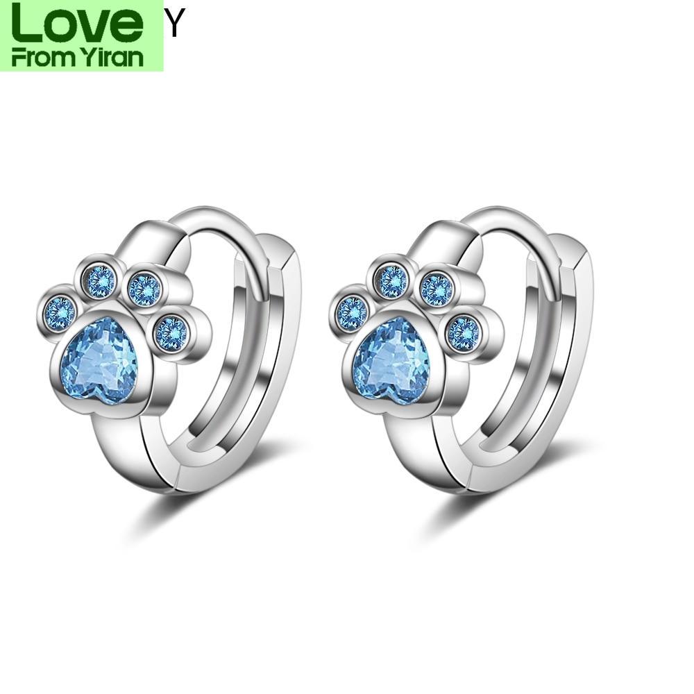 925 Sterling Silver Cute Lovely Cat Paw Hoop Earrings Blue Cubic Zircon Earrings For Girls Accessories S -E1078