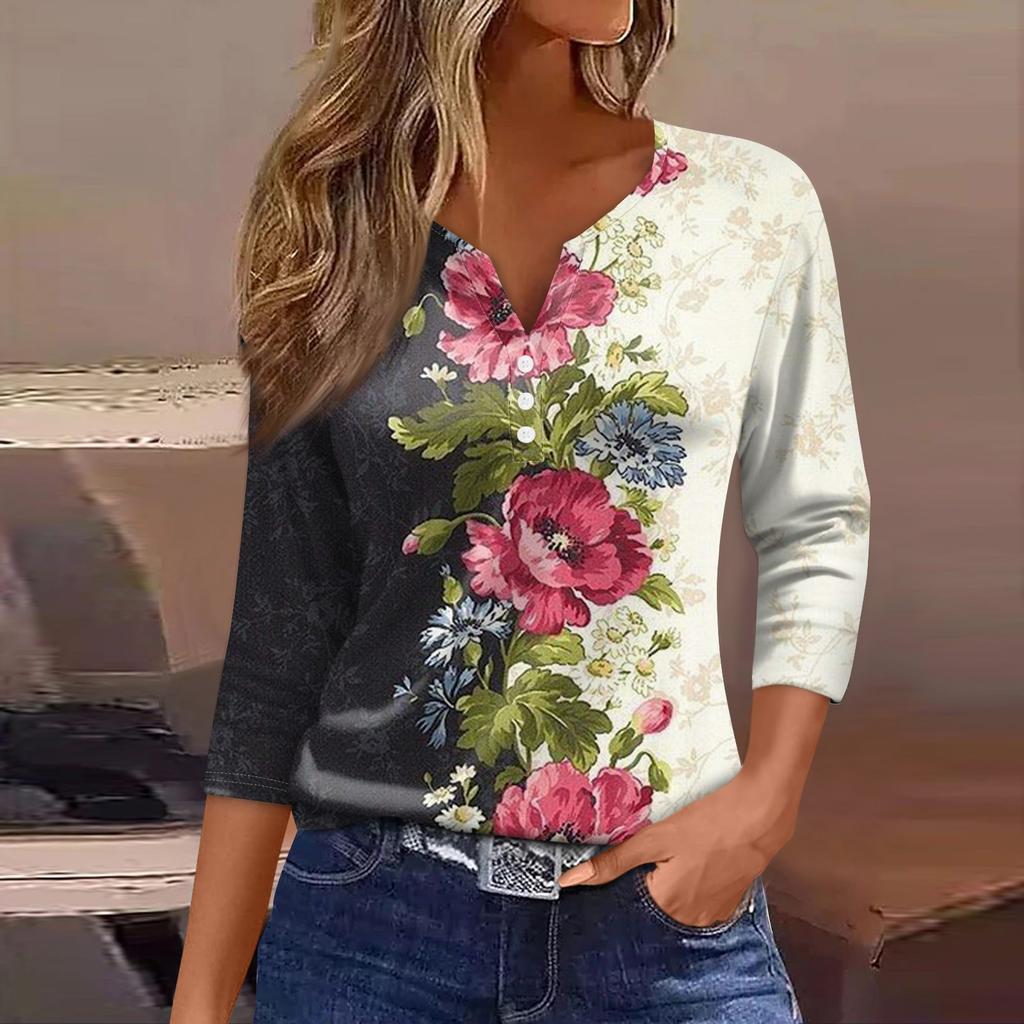 Women's T Shirt Tee Print Button 3/4 Sleeve Daily Weekend Fashion Basic V Neck Regular Top