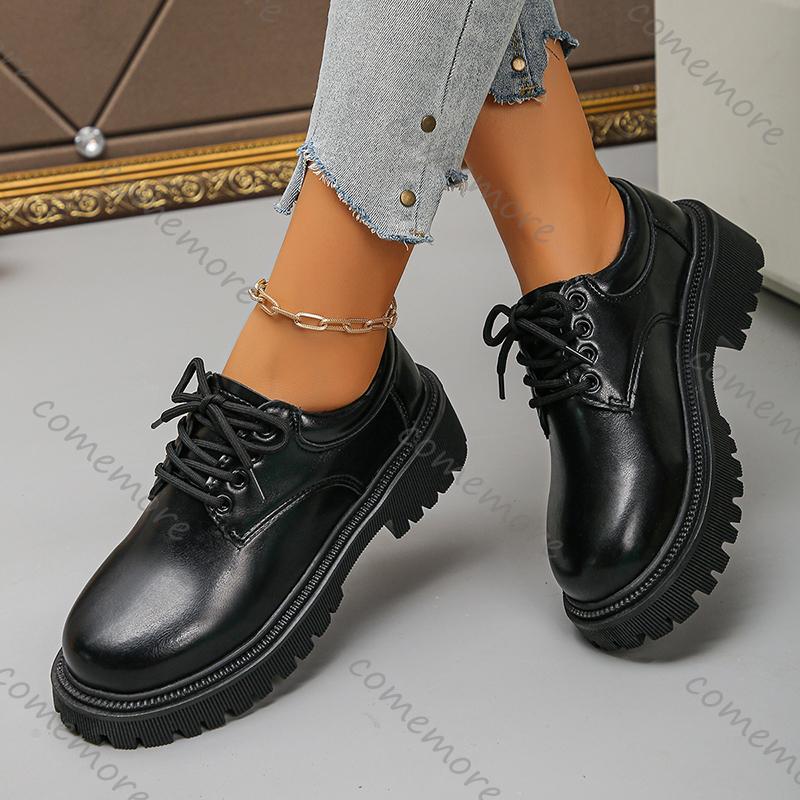 Comemore Women's Platform Shoes Black PU Leather Lace Up Office Work Pumps Woman Round Toe Chunky Heel Dress Loafers