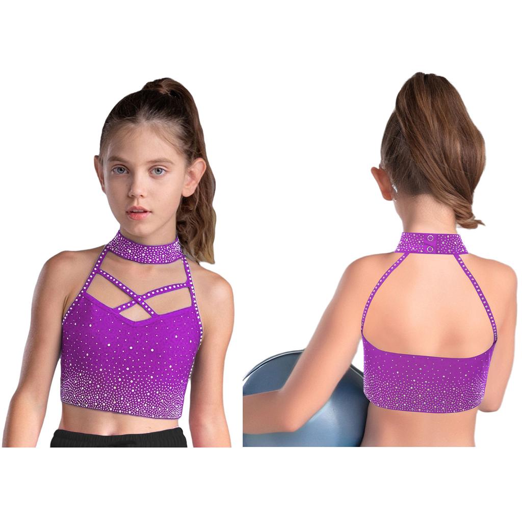 Girls Gymnastics Crop Top Halter Neck with Sparkling Rhinestones Cross Front Backless Dance Performance Costume