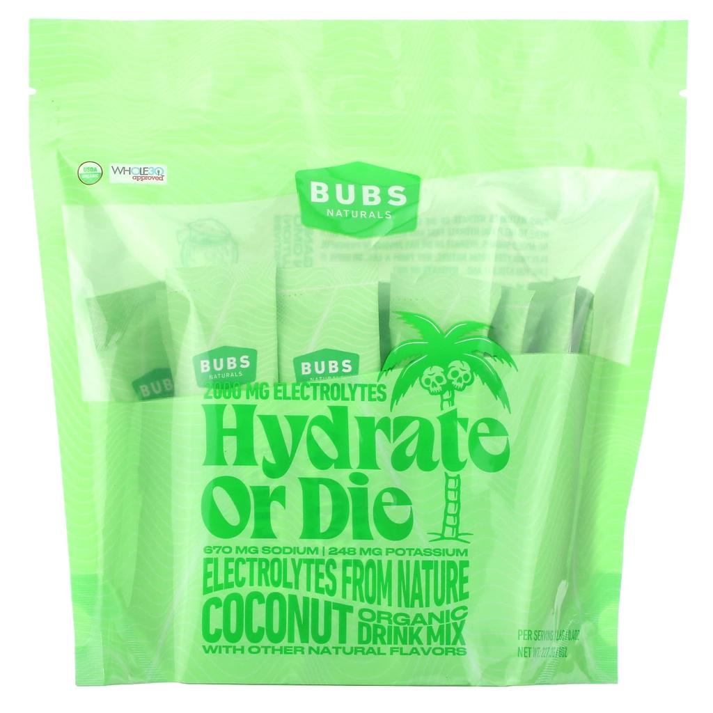 BUBS Naturals Hydrate or Die, Organic Electrolyte Drink Mix, Coconut, 18 Sticks, 0.4 Oz (12.6 G) Each
