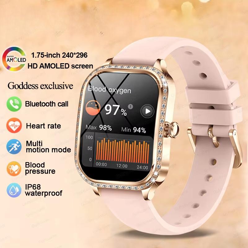 Fashion New Women Smart Watch AMOLED Curved Screen IP68 Waterproof Voice Bluetooth Call Heart Rate Blood Pressure Monitor Health Smartwatch
