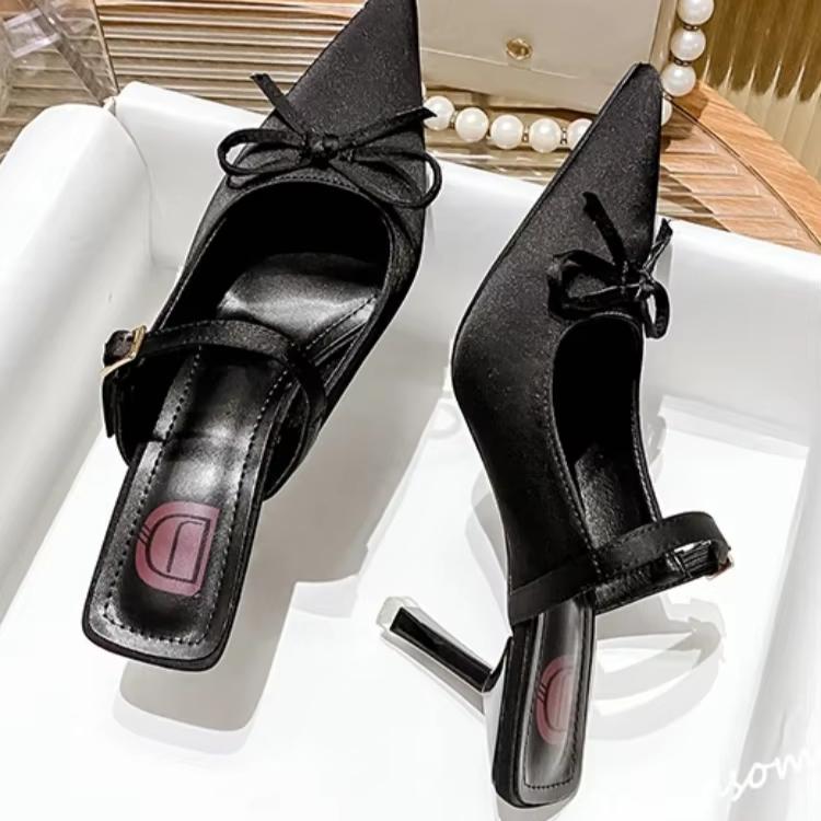 Leisure Slippers for Women Basic Slides Pointed Toe Thin High Heels Shoes Women Solid Leopard Butterfly Knot Summer Slippers