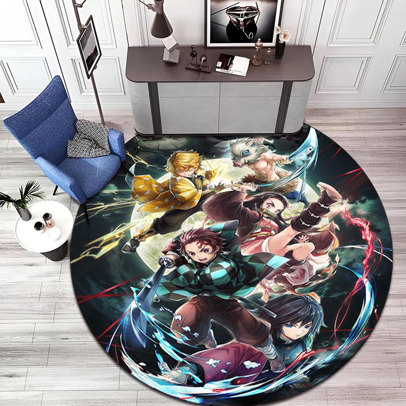 Classic Japanese-style cartoon Demon Slayer round rug, home soft decorative anti-slip yoga mat and chair mat, outdoor floor mat carpet K12