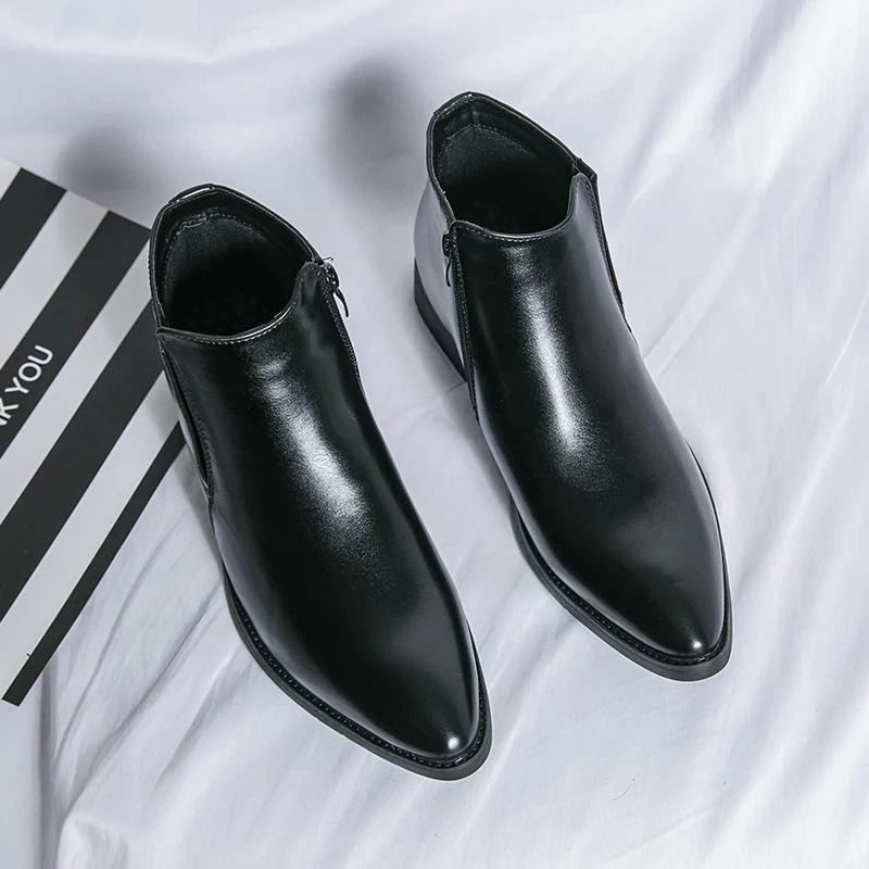 Классические мужские ботинки из цельного ПУ с высоким каблуком и заостренным носком на молнии, деловые формальные ботинки, удобные, нескользящие, классические, простые мужские ботинки
