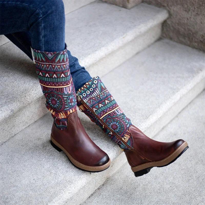 Fashion Retro Ethnic Women Boots Boho Folk-Custom Artisanal Ladies Flat Leather Boots Embroidery Printed Shoes