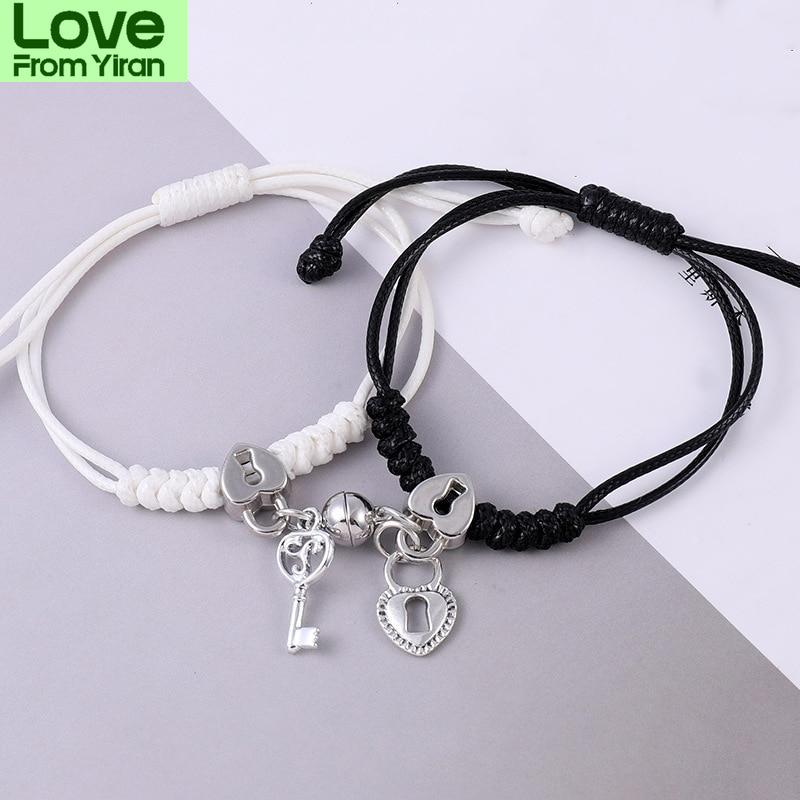 2pcs /Set Couple Charm Bracelet For Women Magnetic Attraction Ball Heart Key Lock Link Wrist Chain Best Friend Jewelry Gift Egirl