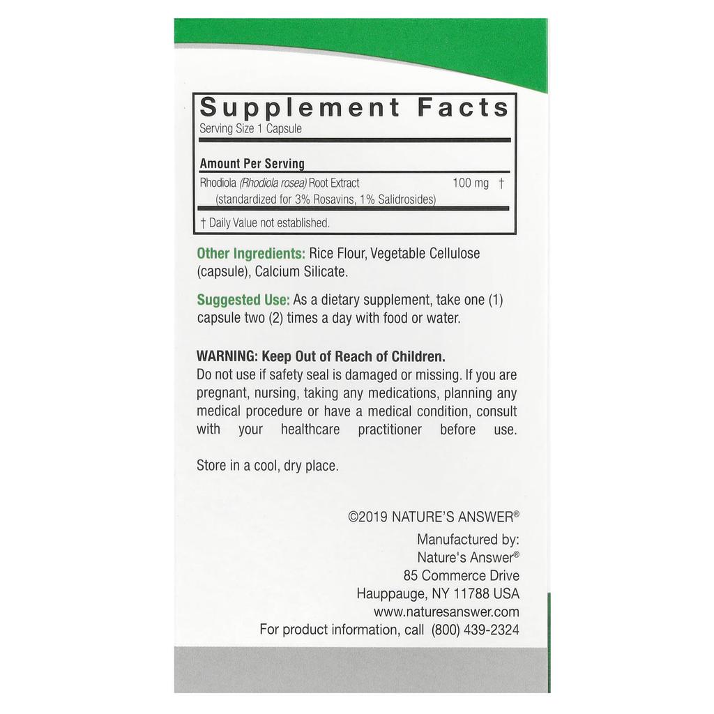 Nature's Answer Rhodiola, 100 Mg, 60 Vegetable Capsules