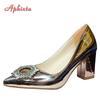 Fashion Aphixta Fashion Bling Champagne 7cm Chunky Heels Pumps Women Shoes Luxury Crystals Sun Buckle Party Wedding Super Big Size 30-50