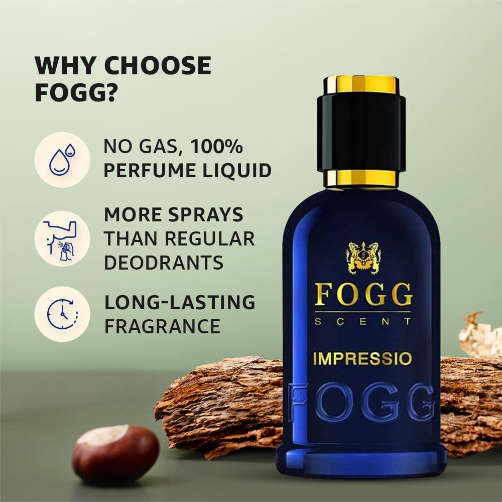 Fogg Impressio Perfume For Men 100ml | Long Lasting Amber Woody Fragrance With Citrus Vanilla Musk Notes | Everyday Wear Scent