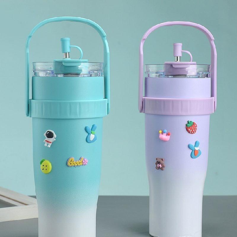 Large Cup Thermos Capacity Stainless Steel Convenient Durable Straw Carried Can