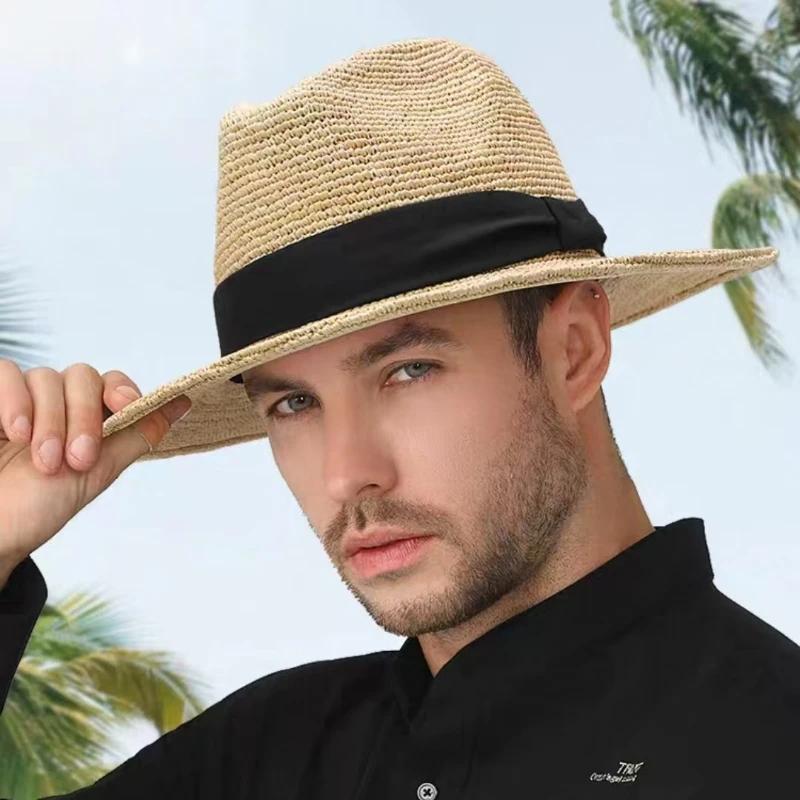 Summer Natural Raffia Jazz Top Sun Hats Women High-quality Double-deck Straw Hat Unisex Beach Sun Protection Sunshade Panama Hat