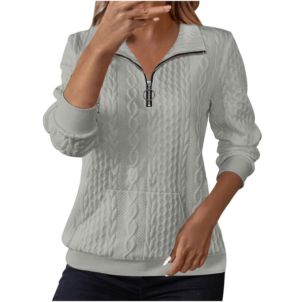 Women's Fashion Long Sleeve Solid Color Casual Collared Zipper Long Sleeve Pocket Sweatshirt
