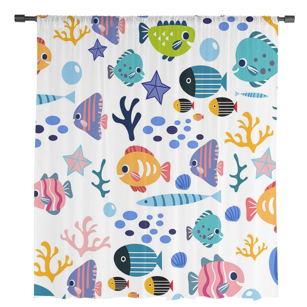 Мультяшные животные, рыбы, коралловые ракушки, симпатичные прозрачные занавески для окон, тюль, шторы для гостиной, спальни, домашнего декора отеля, вуаль, шторы