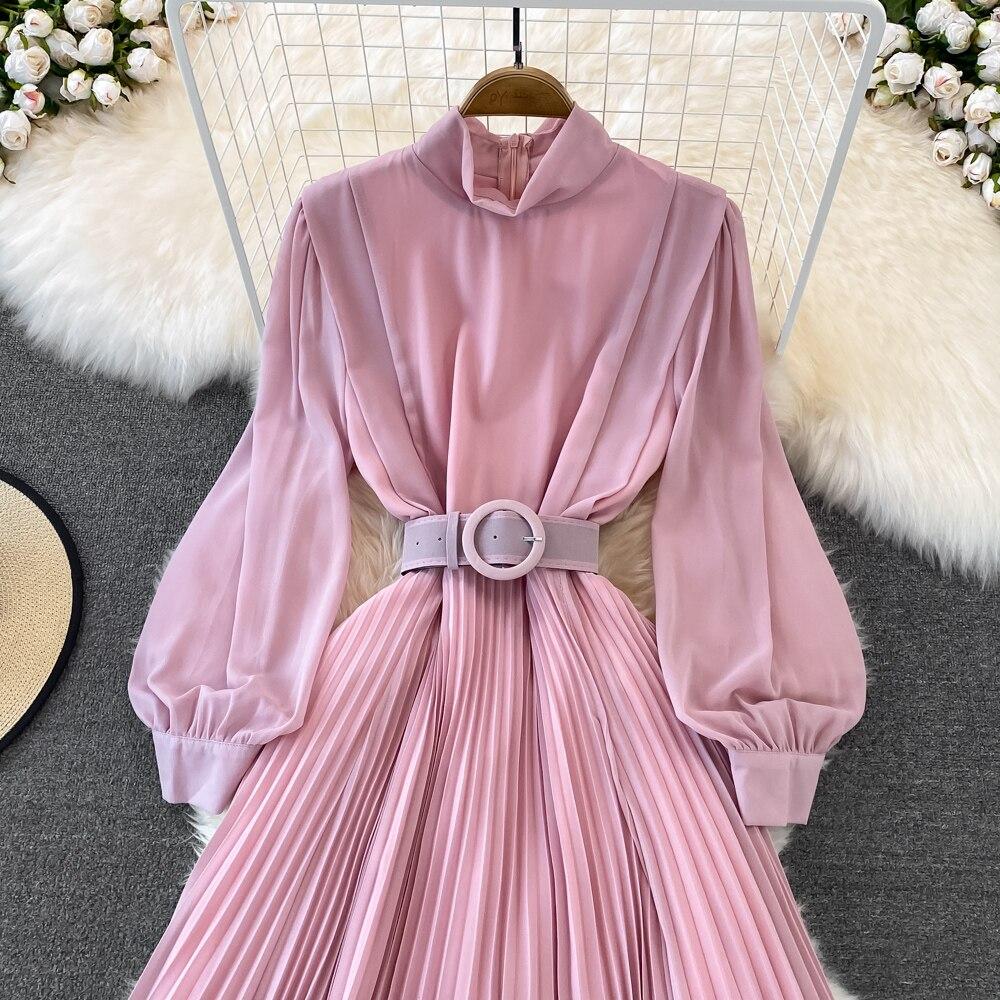 Весеннее корейское шикарное легкое зрелое стильное плиссированное платье с воротником-стойкой и высокой талией на шнуровке на талии Элегантное большое свободное платье