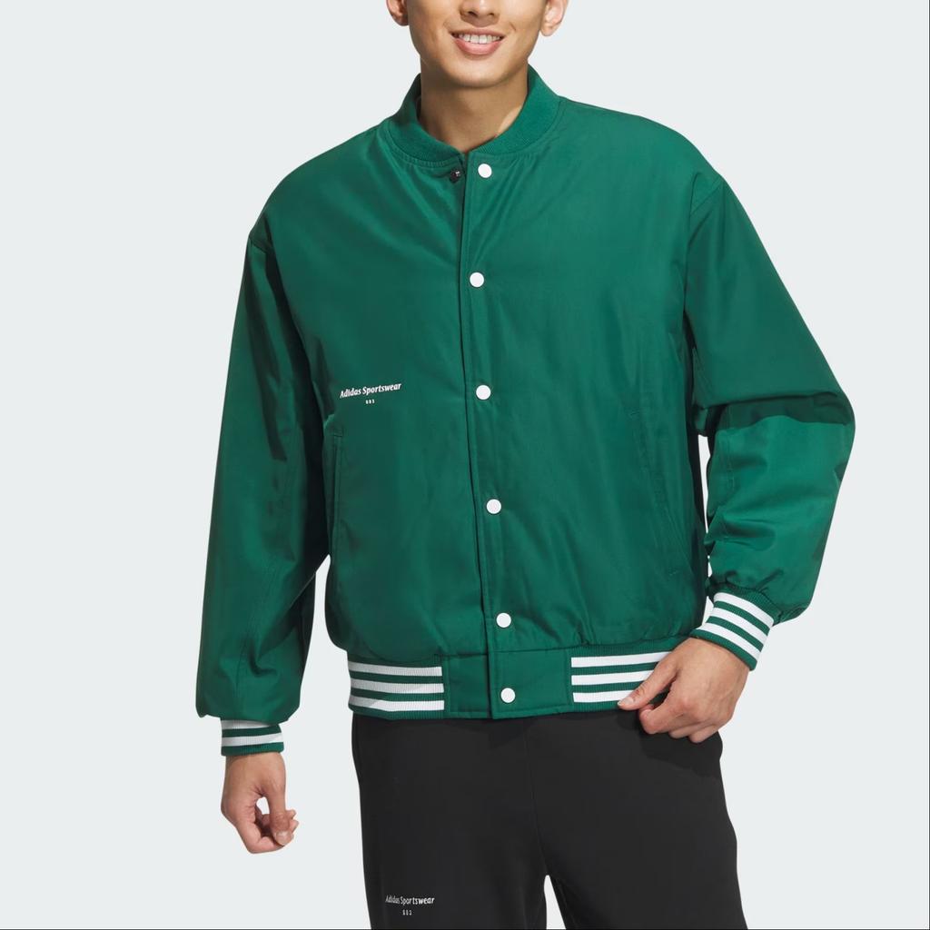 Adidas Puffer Jackets Men's Forest Green/White Baseball Collar Moderate Puffer Jacket Unisex IZ1601
