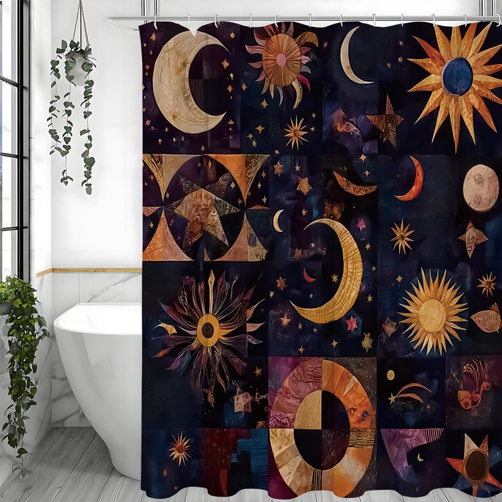 Sun Moon Geometric Collage Shower Curtain, Bathroom Decorative Shower Curtain, Waterproof Shower Curtain with Hooks