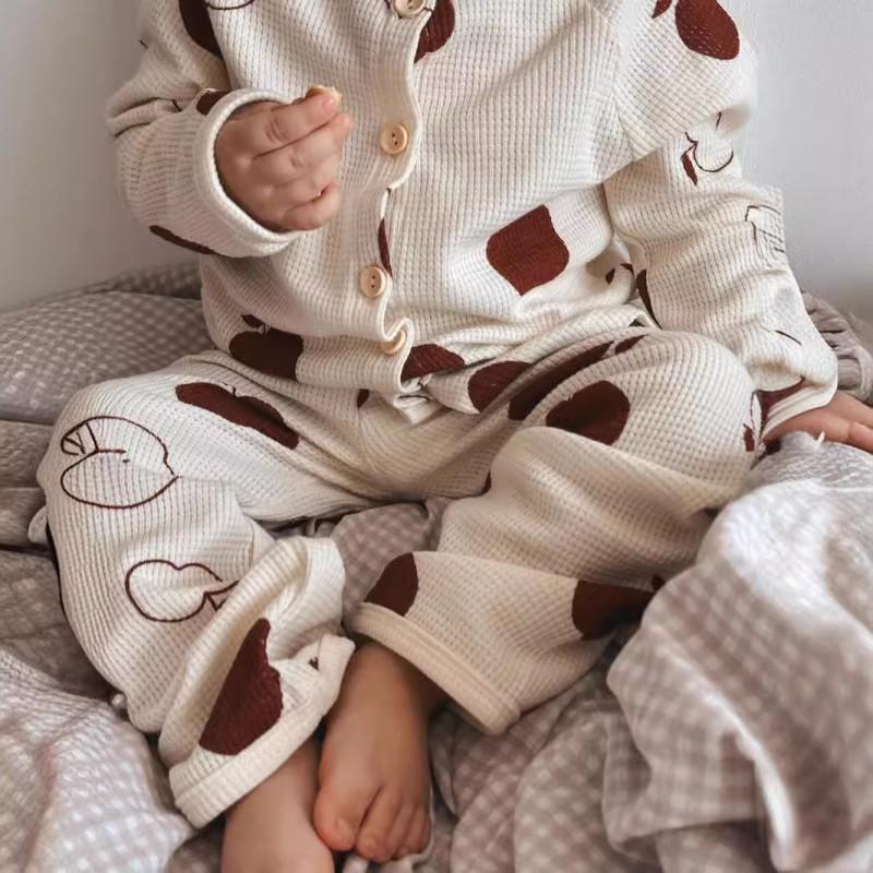 Kids Cotton Pajama Set A-Grade Sleepwear Boys Girls Soft Round Neck Long Sleeve Cartoon Print