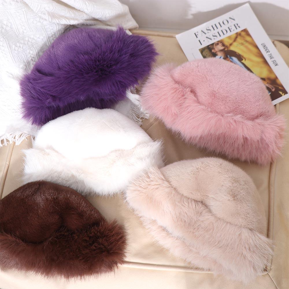 Korean Luxury Plush Hat Thicken Winter Fluffy Hats Fashion Faux Fur Bucket Hat Lady