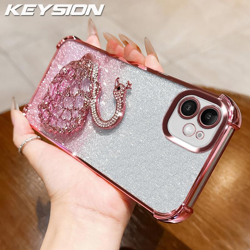KEYSION Противоударный чехол с гальваническим покрытием для iPhone 11 12 Pro Max Прозрачный ТПУ с блестками и драгоценностями Подставка в виде лебедя Задняя крышка для iPhone 11