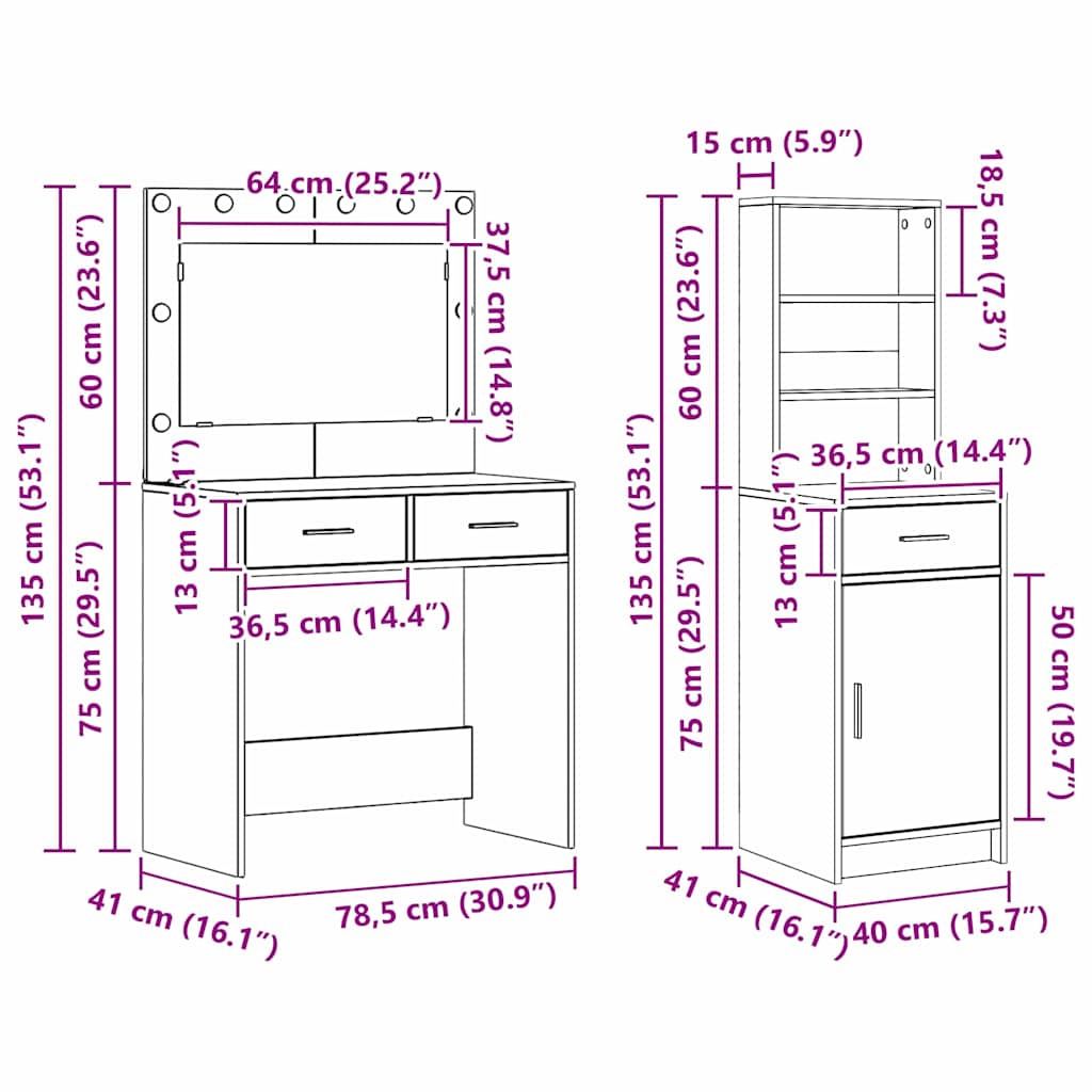 Makeup Table with Mirror Lighting 2 pcs White Particleboard