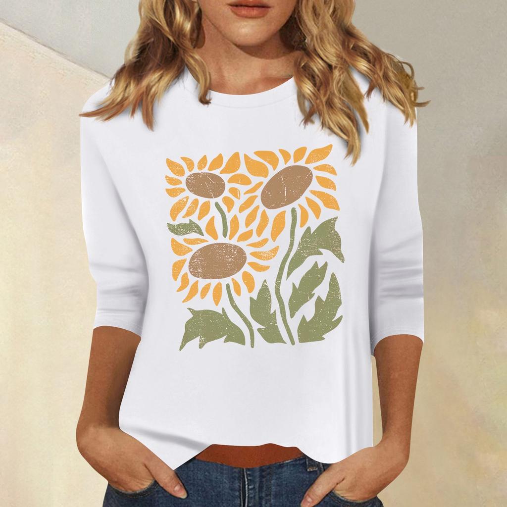 Women's Fashion Casual Printed Seven Sleeve Round Neck Top