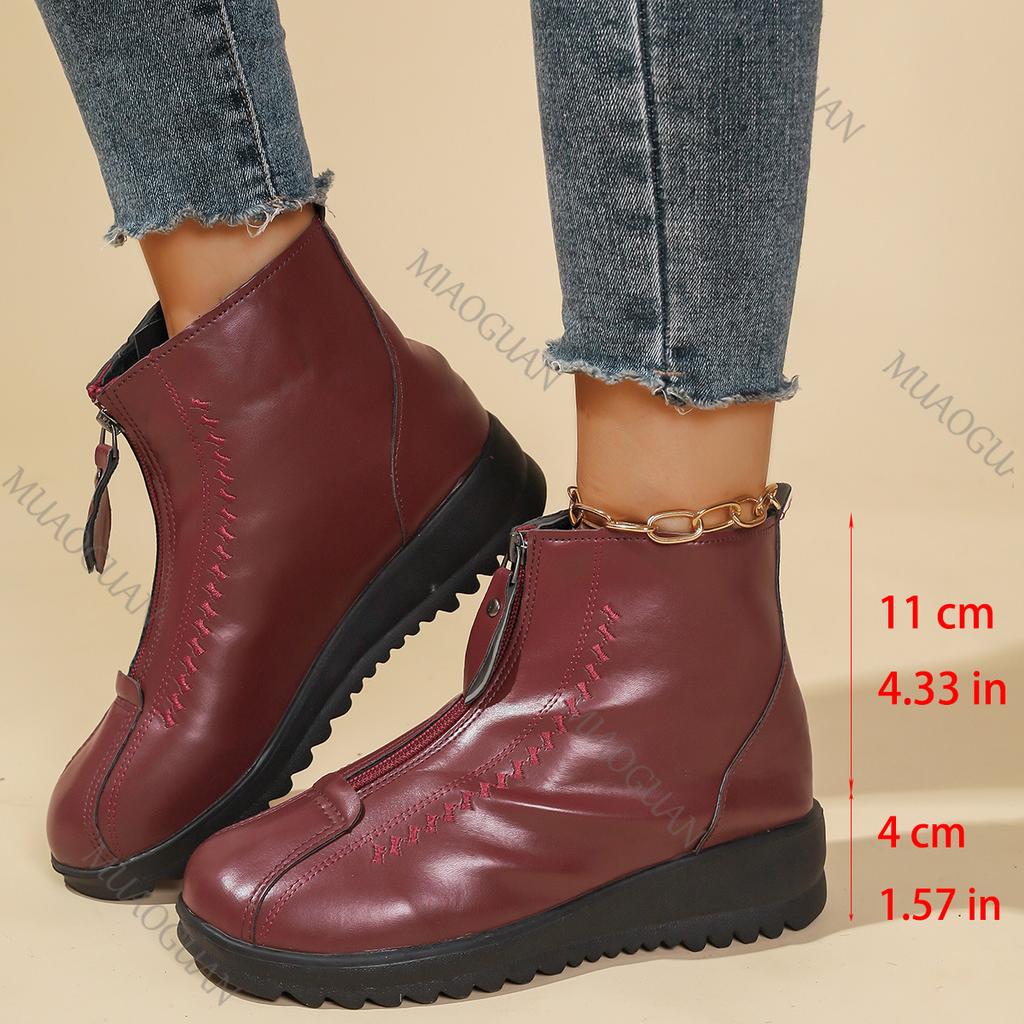 Fashion Autumn and Winter New Padded Warm Cotton Shoes Middle-aged Mother Ankle Boots Casual Flat Bottom Comfortable Front Zipper Botas
