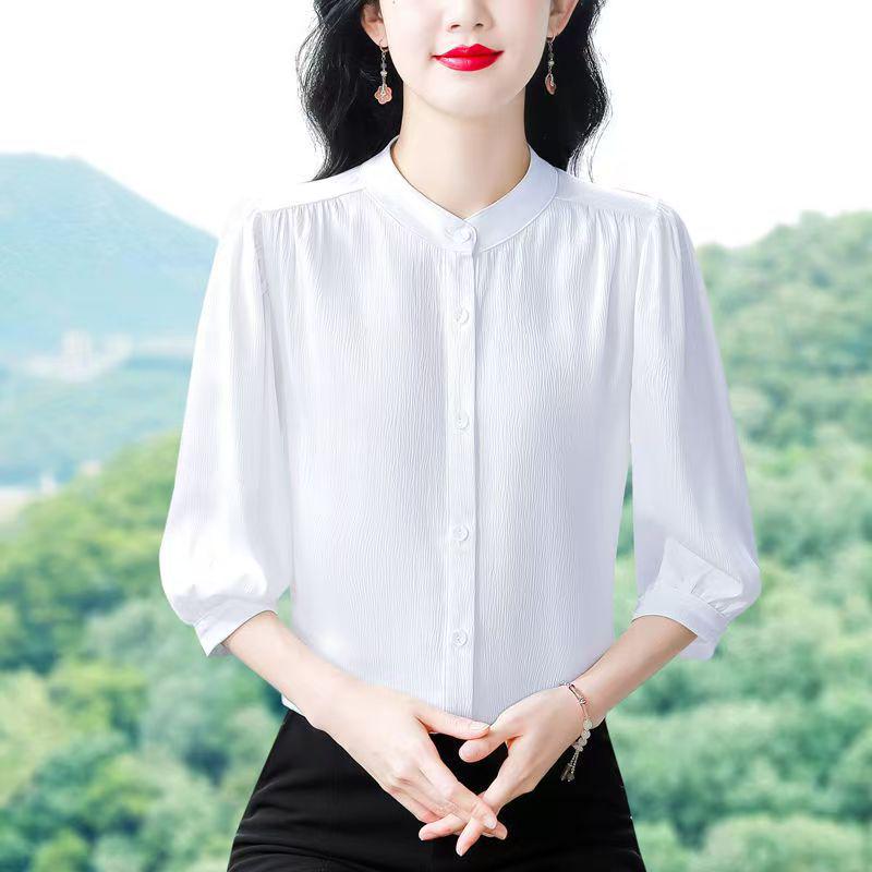 Элегантная женская рубашка с рукавом семь восьмых однотонной расцветки - Летне-осенний топ свободного кроя из коллекции для мам