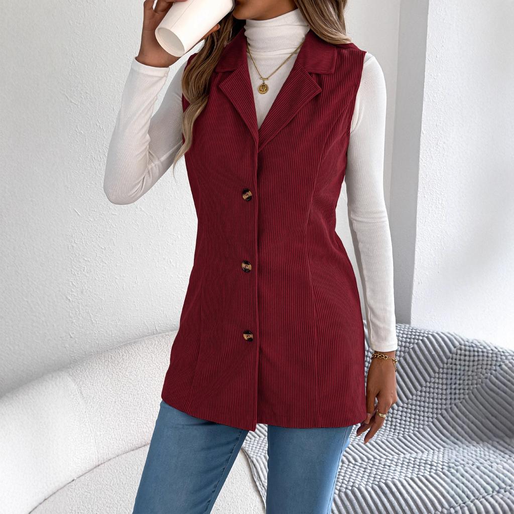 GMXIA Autumn and Winter Casual Single-breasted Suit Collar Corduroy Vest Jacket for Women