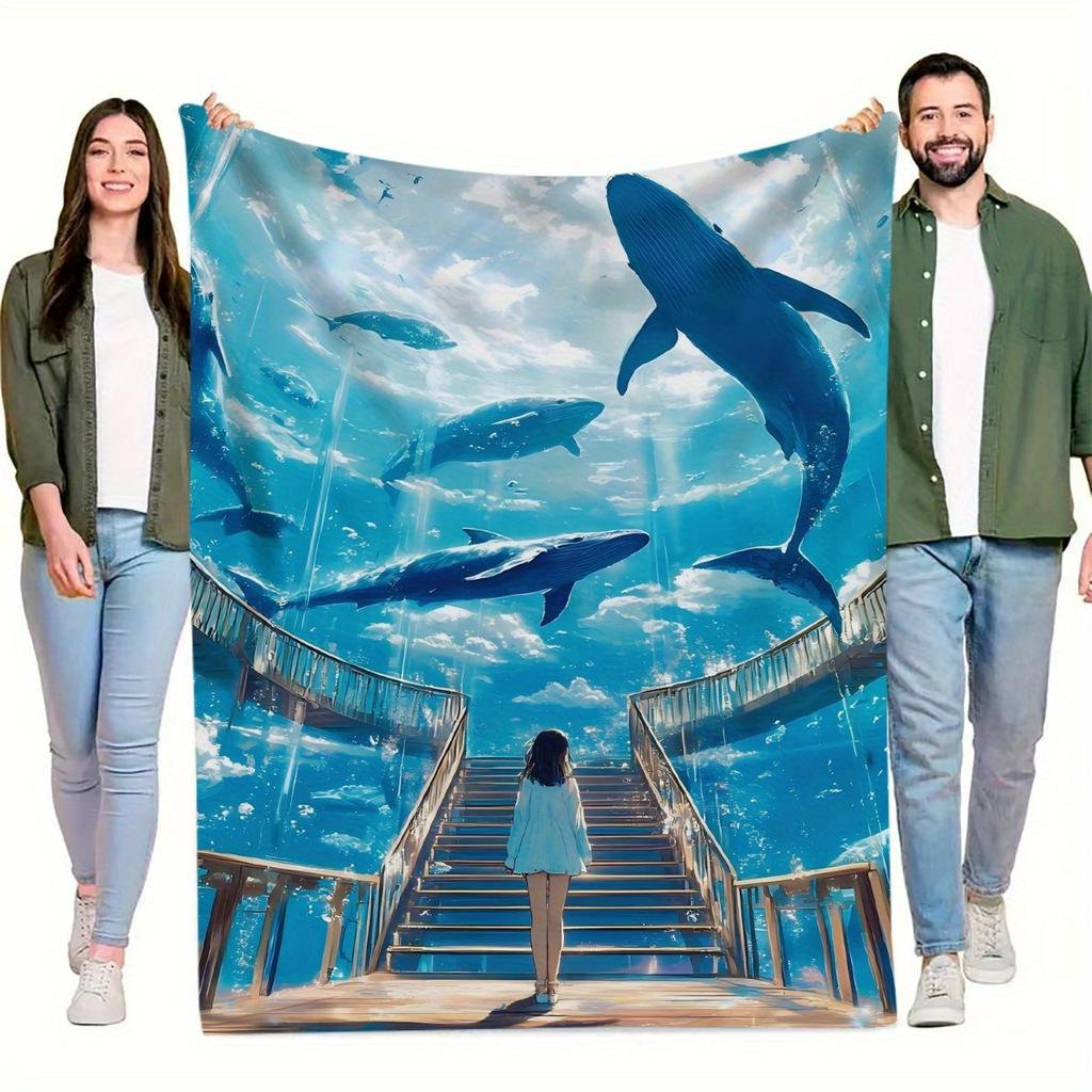 1pc Whale & Girl Throw Blanket - Soft Flannel All-Season Lightweight Bedspread, for Home, Travel, Camping, Office - Modern Marin