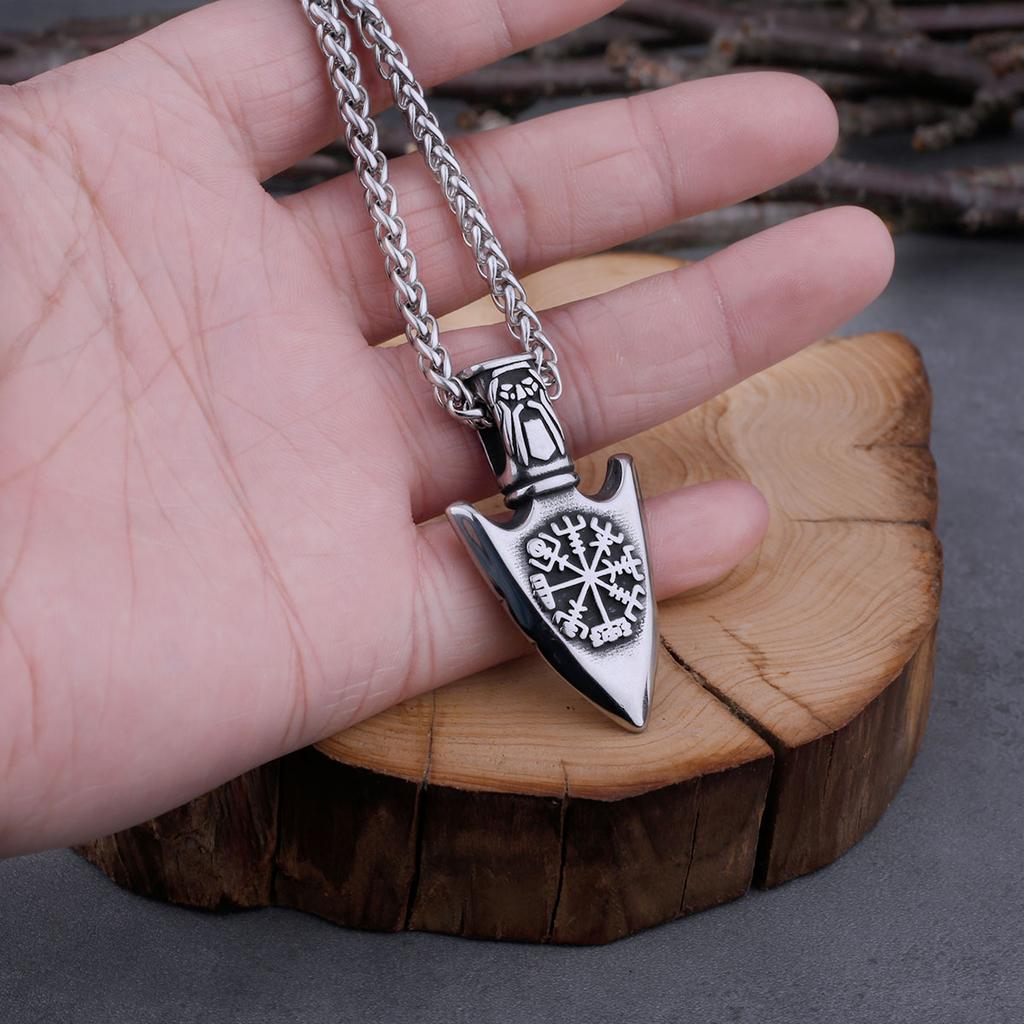 Vintage Viking Vegvisir Compass Rune Spear Necklace Stainless Steel Men's Charm Odin Valknut Amulet Pendant Fashion Jewelry