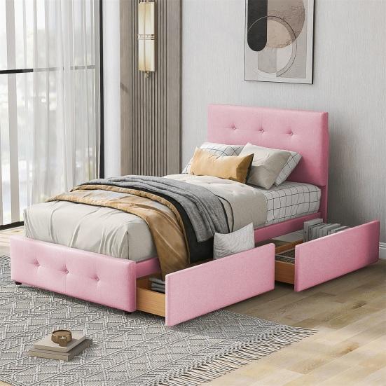 Children Bed 99x210cm Velvet Fabric Kids with Adjustable Headboard 2 Drawers Single Ergonomic Design Strong Wood Slat Support Home Furniture
