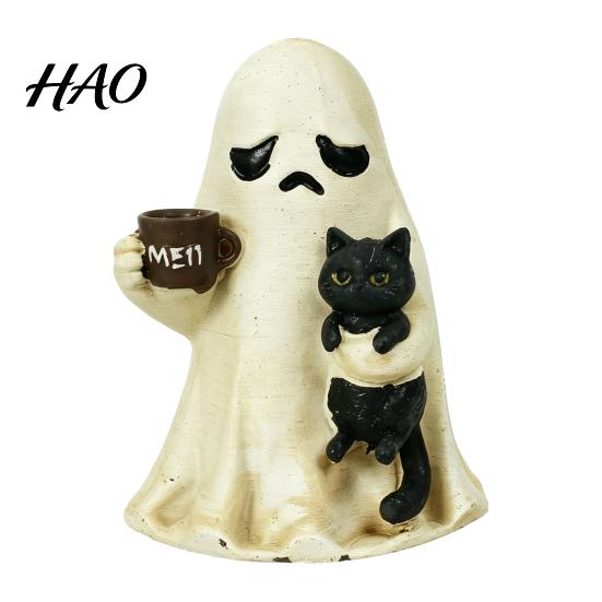Cute Resin Ghost Figurines Halloween Figurine, Tabletop Ornament with Black Cat And Funny Statue Coffee Cup Decor for Home Office Bookshelf