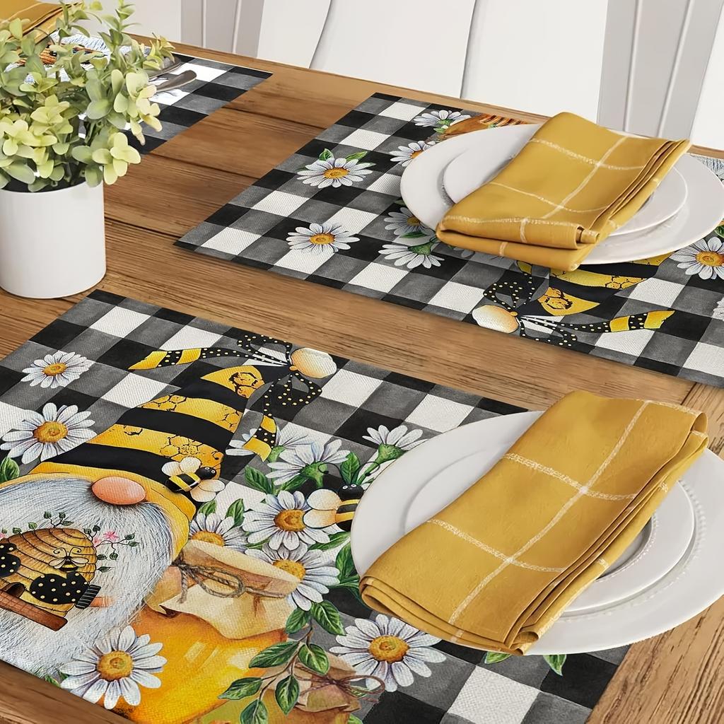 Набор из 4 весенних плейсматов с гномами, пчелами и ромашками в клетку, прямоугольные тканые льняные подставки для стола, только ручная стирка, для декора кухни в стиле фермерского дома, декора для обеда