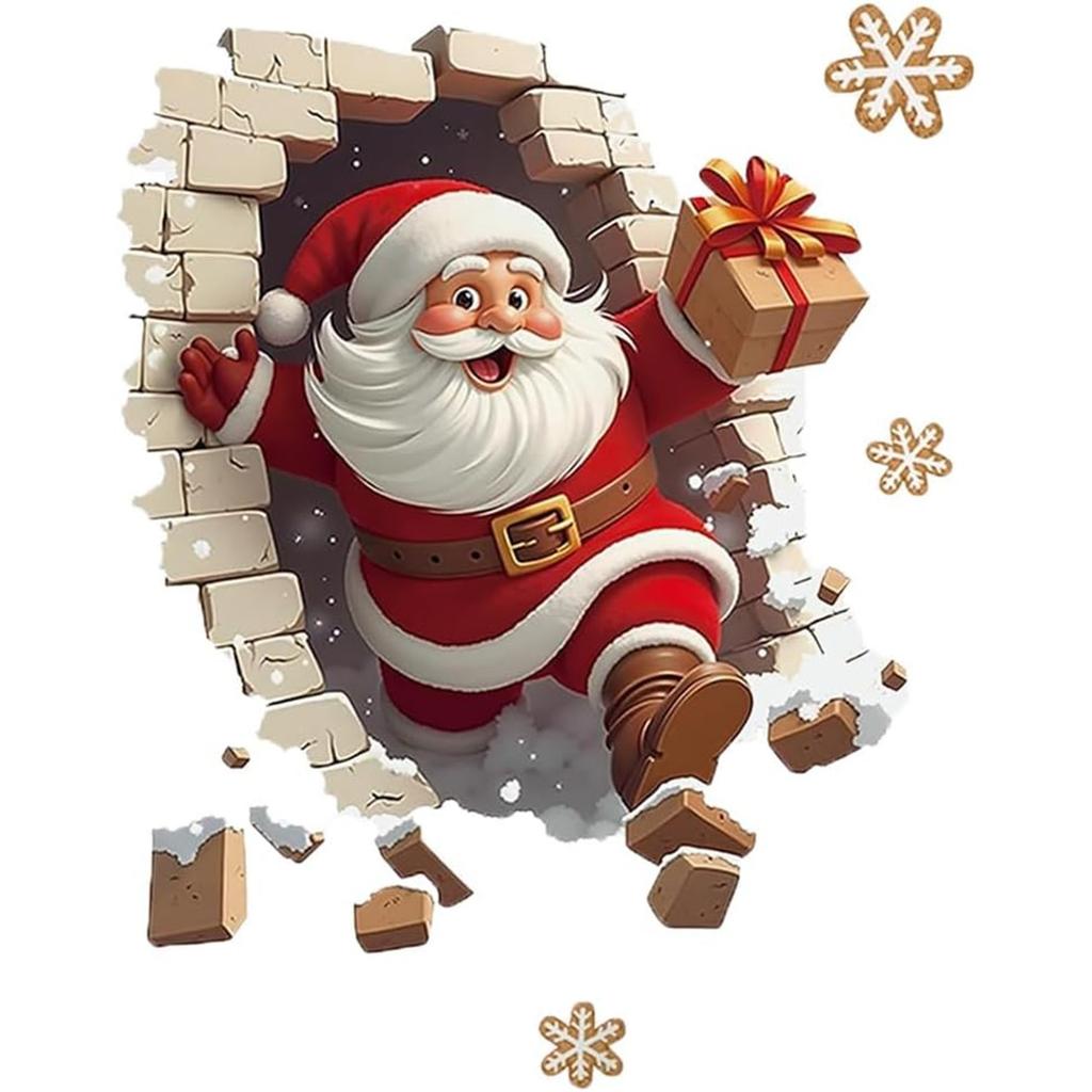 Santa Breaking Through The Wall 3D Effect Wall Sticker, Christmas Sticker With Cartoon Design, New Creative Christmas Wall Sticker.