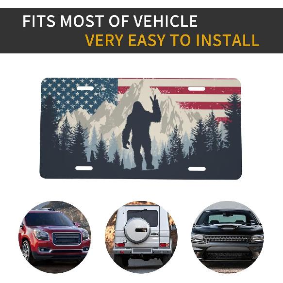 Front License Plate Cover, American Flag Bigfoot Sasquatch Car Decor Accessory Aluminum Metal Rust-Proof US Car Plate Novelty Vanity Tag Cover