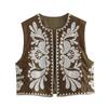 Woman Cropped Flower Embroidery Vest Vintage V Neck Sleeveless Cardigan Waistcoat Shirt Chic Summer Women's Clothing