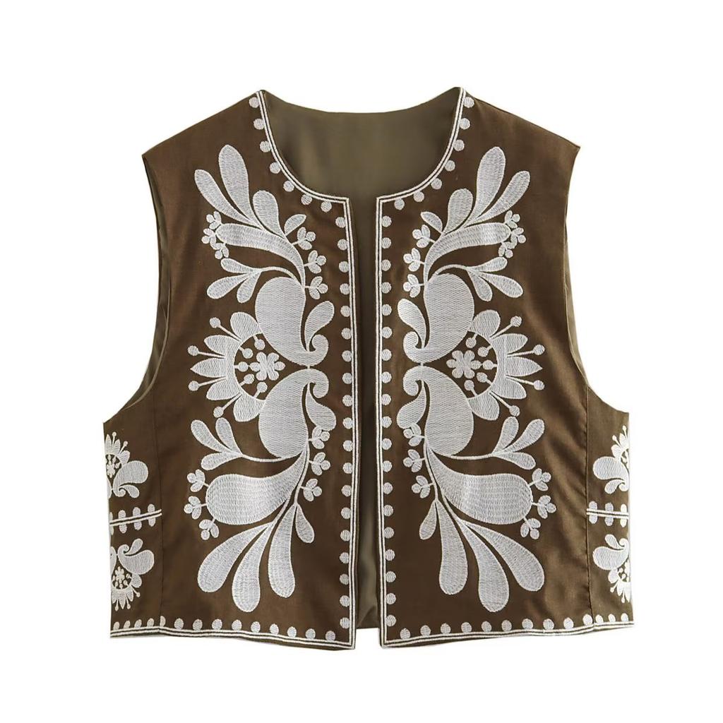 Woman Cropped Flower Embroidery Vest Vintage V Neck Sleeveless Cardigan Waistcoat Shirt Chic Summer Women's Clothing