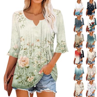3/4 рукава топы для женщин повседневные оборки V-образный вырез футболки рабочие блузки нарядные туники топы