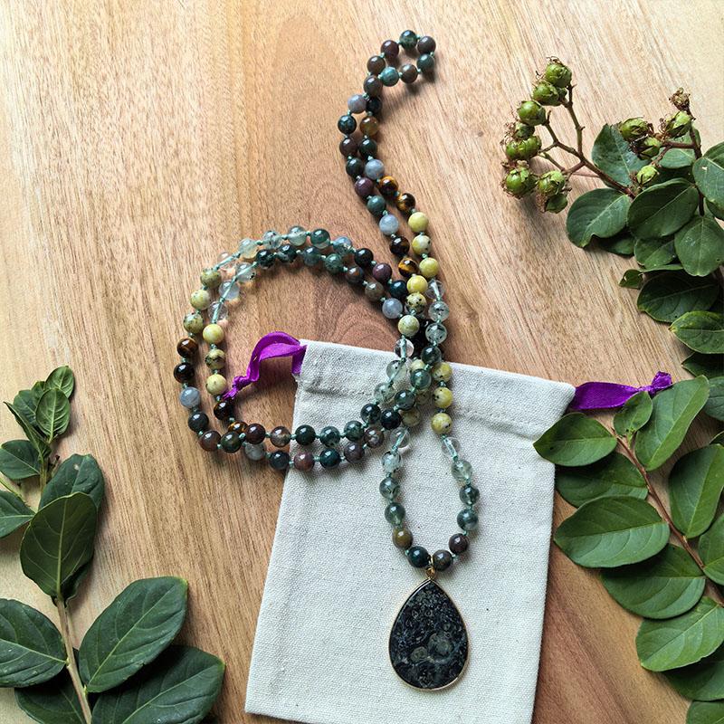 Prehnite,Moss Onyx,Indian Onyx Mala Necklace,Green Jade Pendant,JapaMala,108 Knotted Beads Meditation Healing Yoga Jewelry Gift