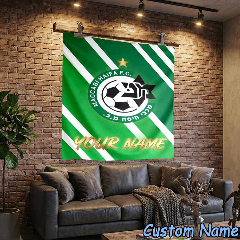 Custom Name Maccabi Haifa Football Crest Hanging Tapestry Background Tapestry for Bedroom Living Room Dorm,Home Party Wall Decoration,Fan Gifts